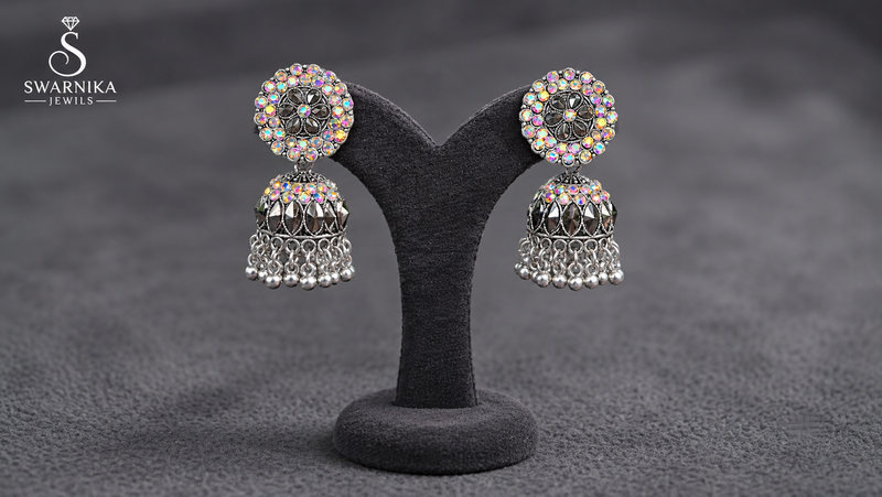 Oxidised Dome Jhumka – Crystal Drop