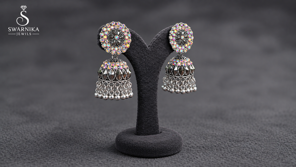 Oxidised Dome Jhumka – Crystal Drop – view 2