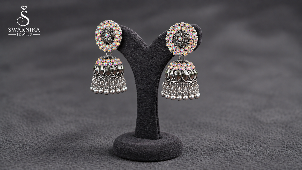 Oxidised Dome Jhumka – Crystal Drop – view 3