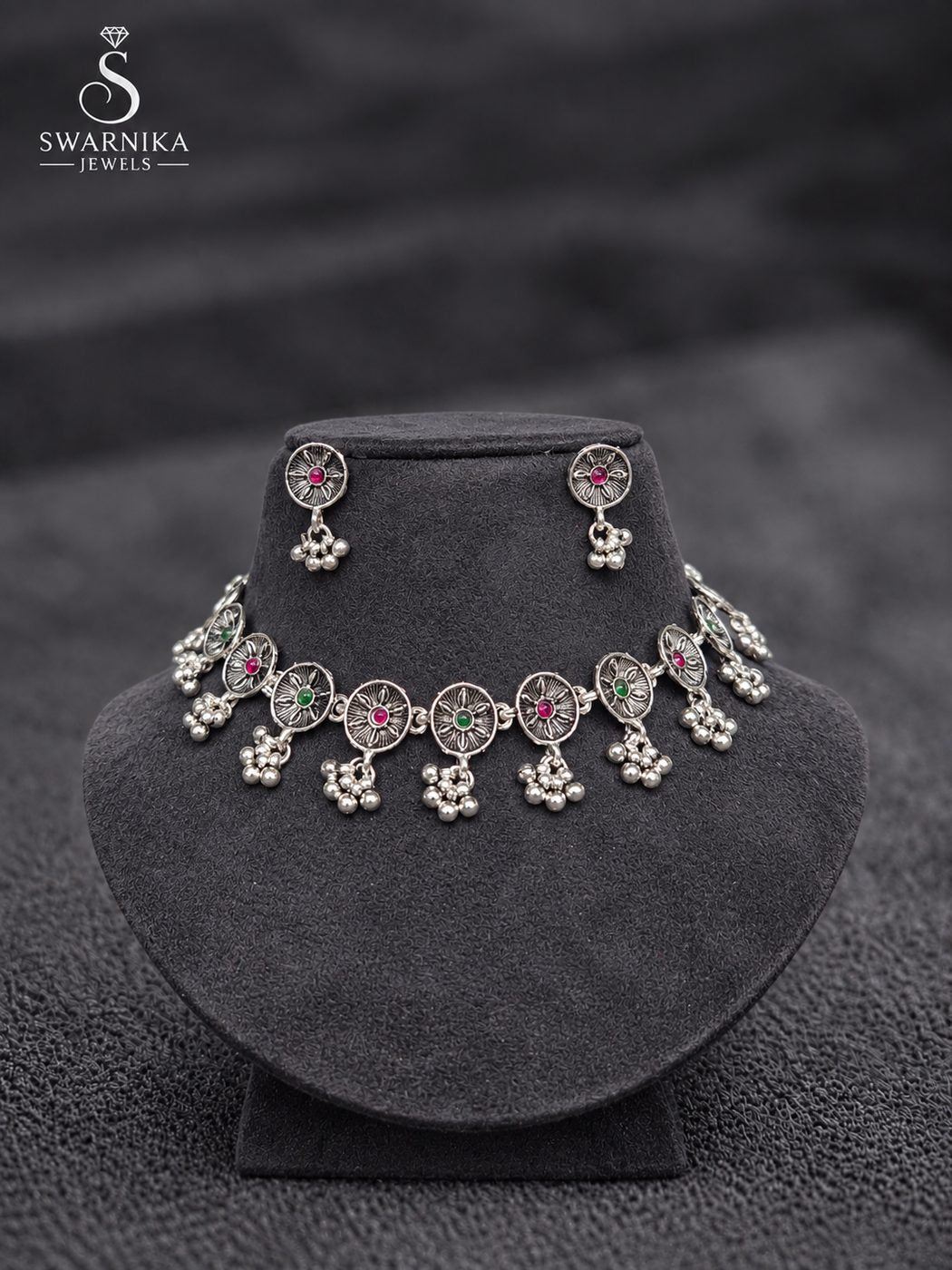 Oxidised Dome Pendant Short Necklace Set view 1