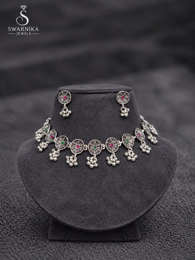 Oxidised Dome Pendant Short Necklace Set