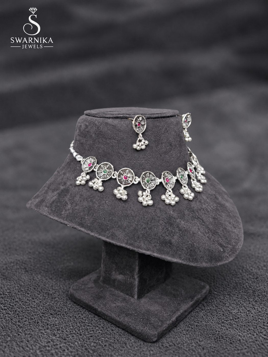 Oxidised Dome Pendant Short Necklace Set view 2