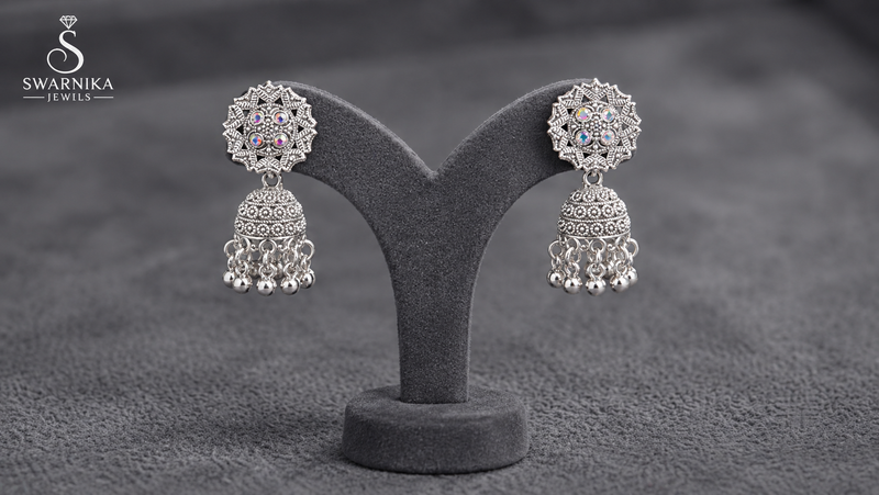 Oxidised Floral AB Crystal Mini Jhumkas