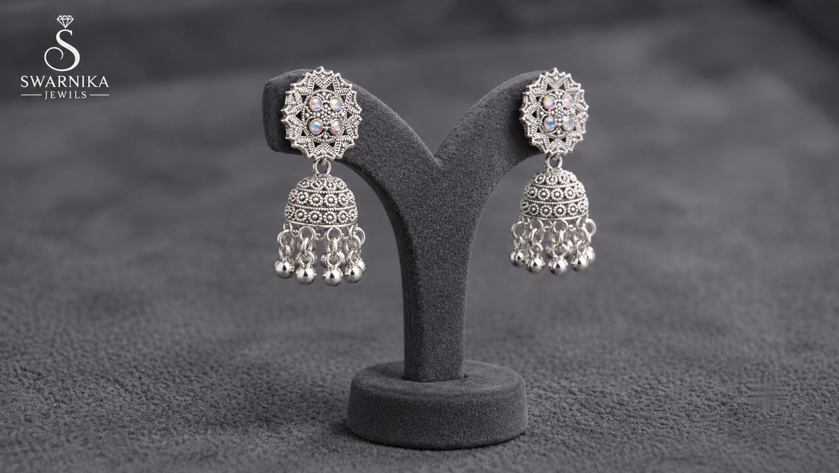 Oxidised Floral AB Crystal Mini Jhumkas view 2