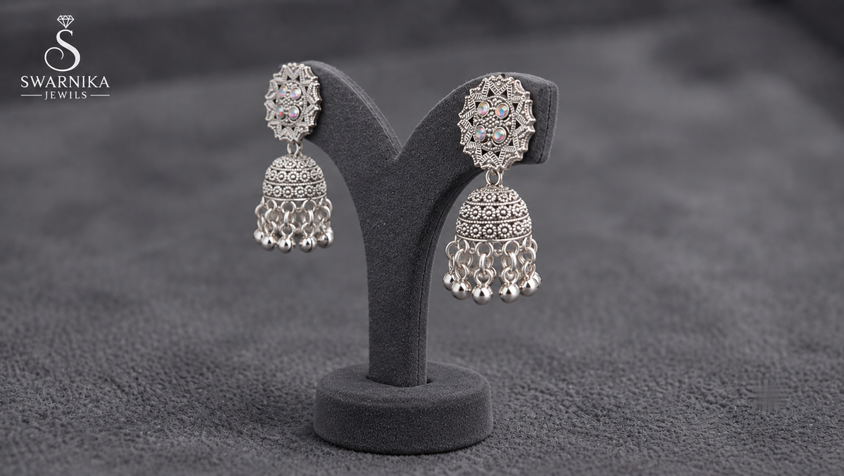 Oxidised Floral AB Crystal Mini Jhumkas view 3