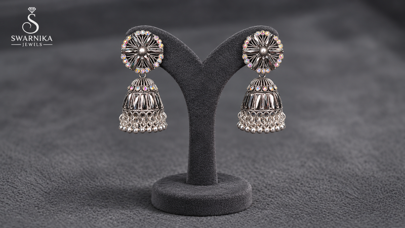 Oxidised Floral Jhumka – Iridescent Stones