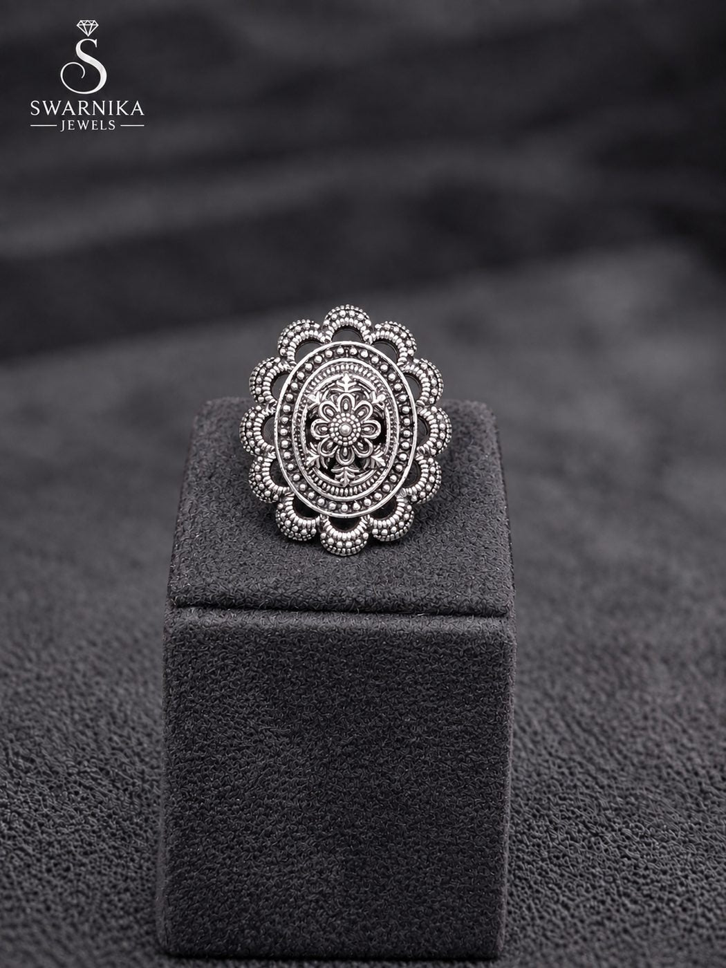 Oxidised Floral Mandala Statement Ring view 1