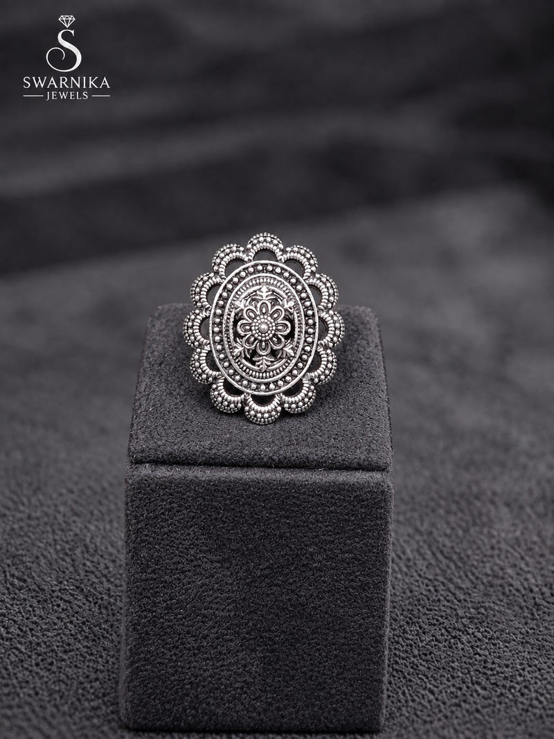 Oxidised Floral Mandala Statement Ring