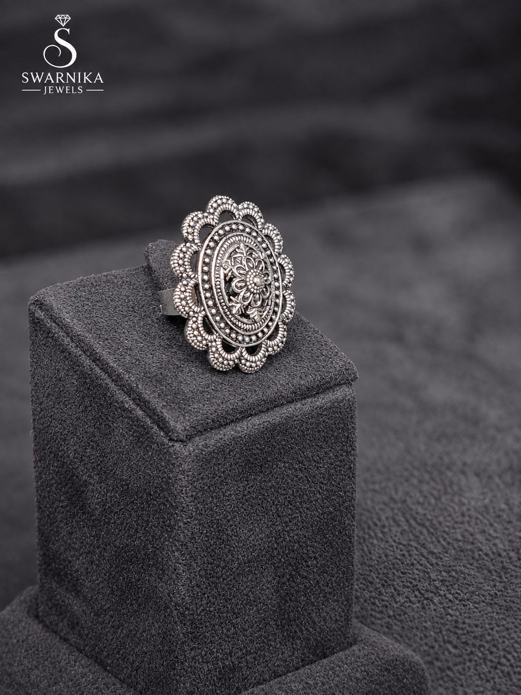Oxidised Floral Mandala Statement Ring view 2