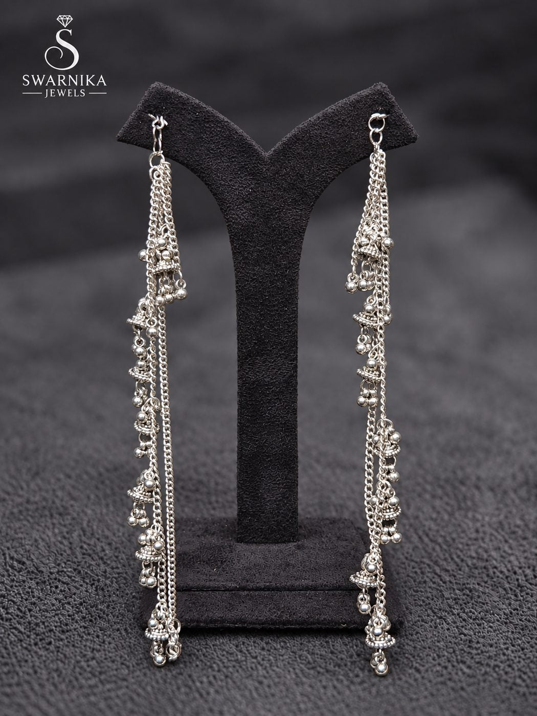 Oxidised Floral Pearl Strand Dangle Earrings view 1