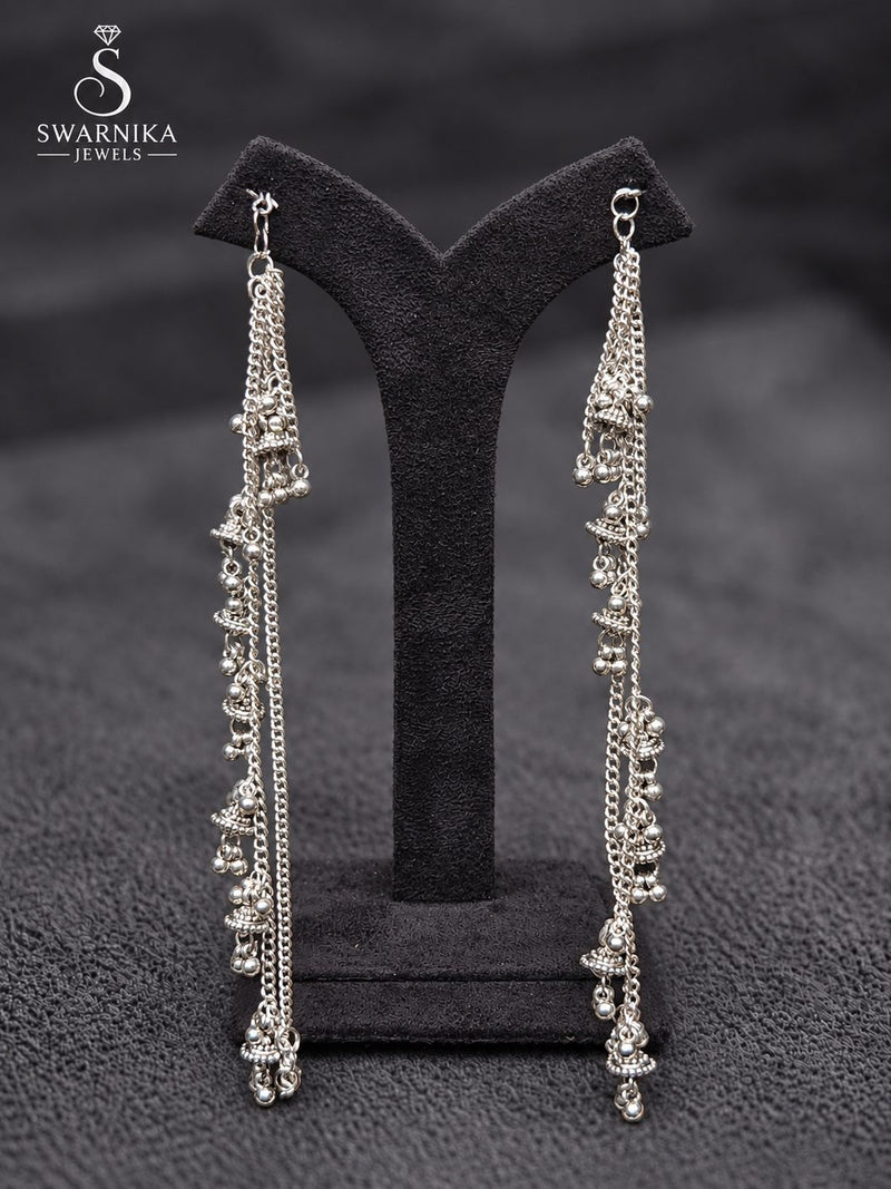 Oxidised Floral Pearl Strand Dangle Earrings