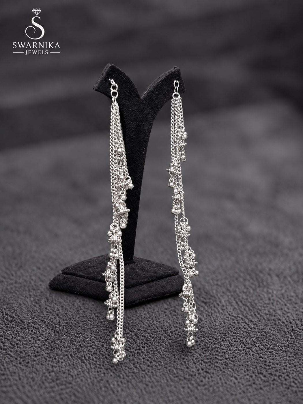 Oxidised Floral Pearl Strand Dangle Earrings view 2