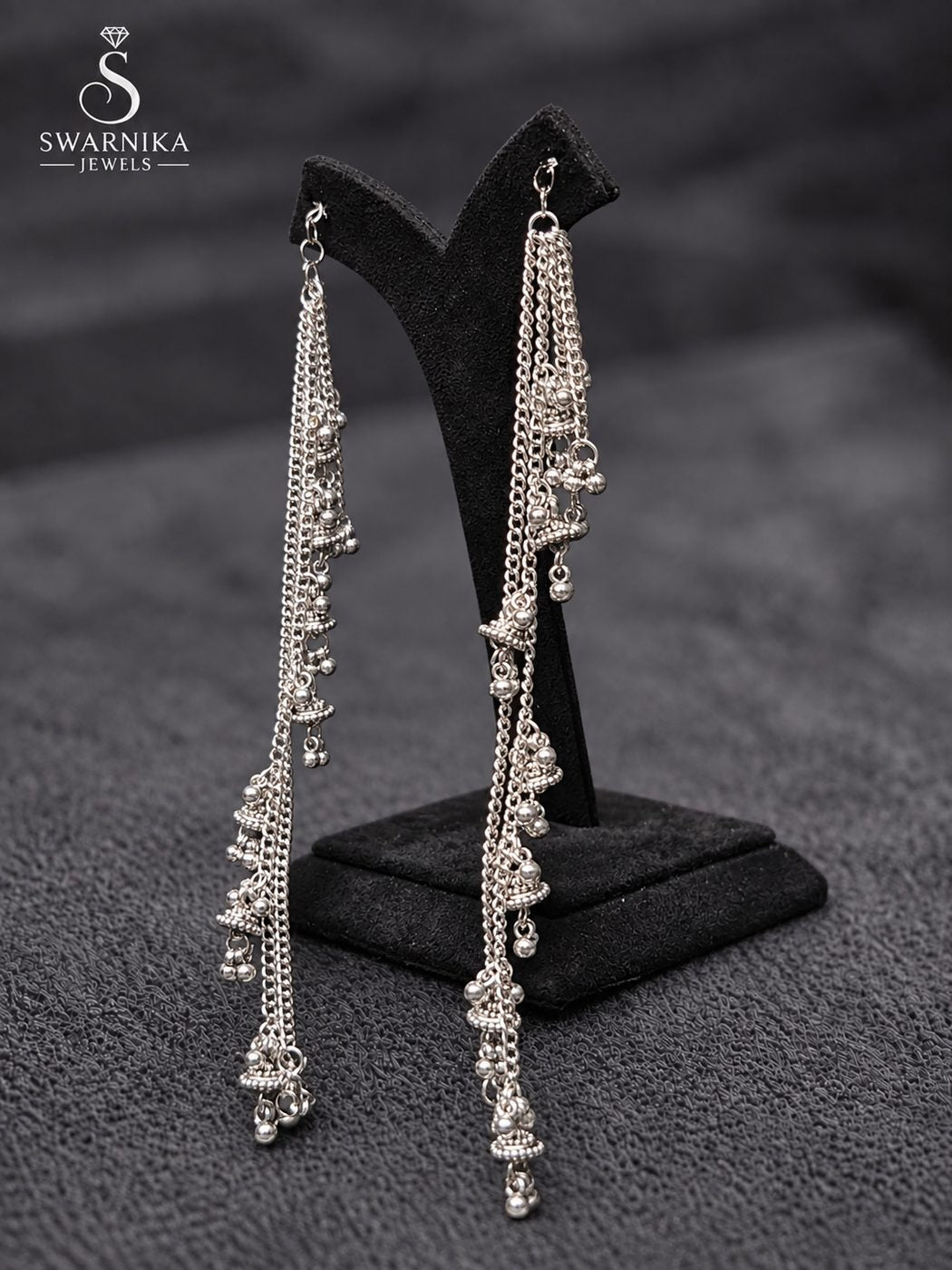 Oxidised Floral Pearl Strand Dangle Earrings view 3