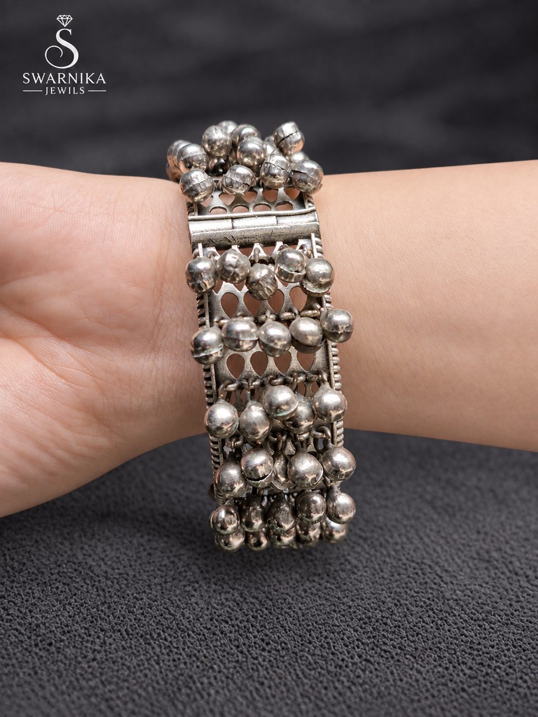 Oxidised Lattice Full Ghungroo Statement Kada view 2