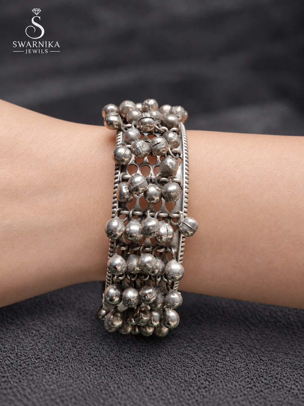 Oxidised Lattice Full Ghungroo Statement Kada view 3