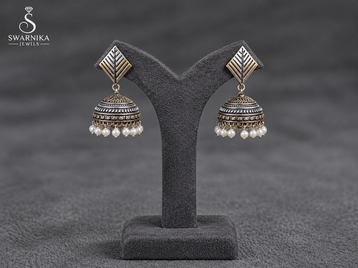 Oxidised Leaf Pearl Jhumka Earrings view 1