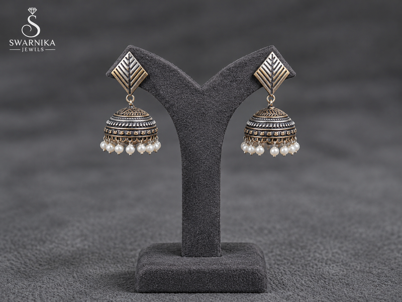 Oxidised Leaf Pearl Jhumka Earrings