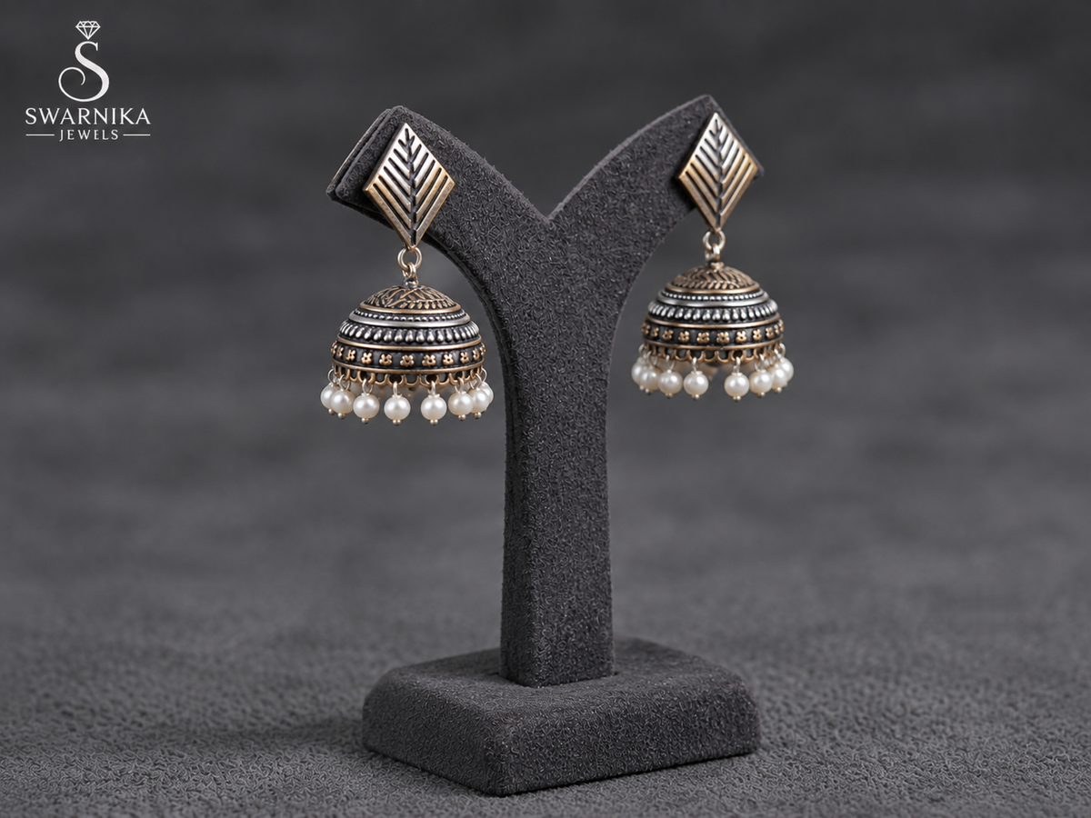 Oxidised Leaf Pearl Jhumka Earrings view 2
