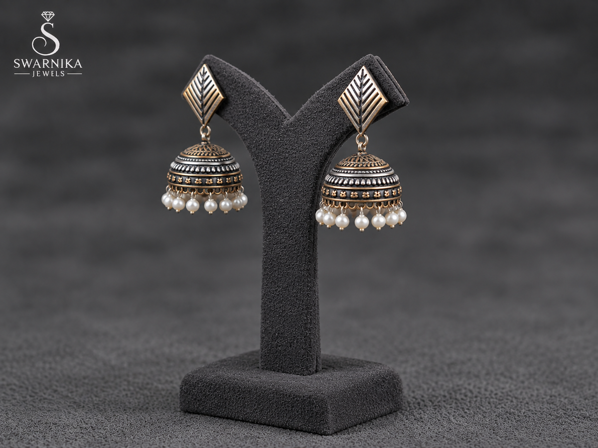 Oxidised Leaf Pearl Jhumka Earrings view 3