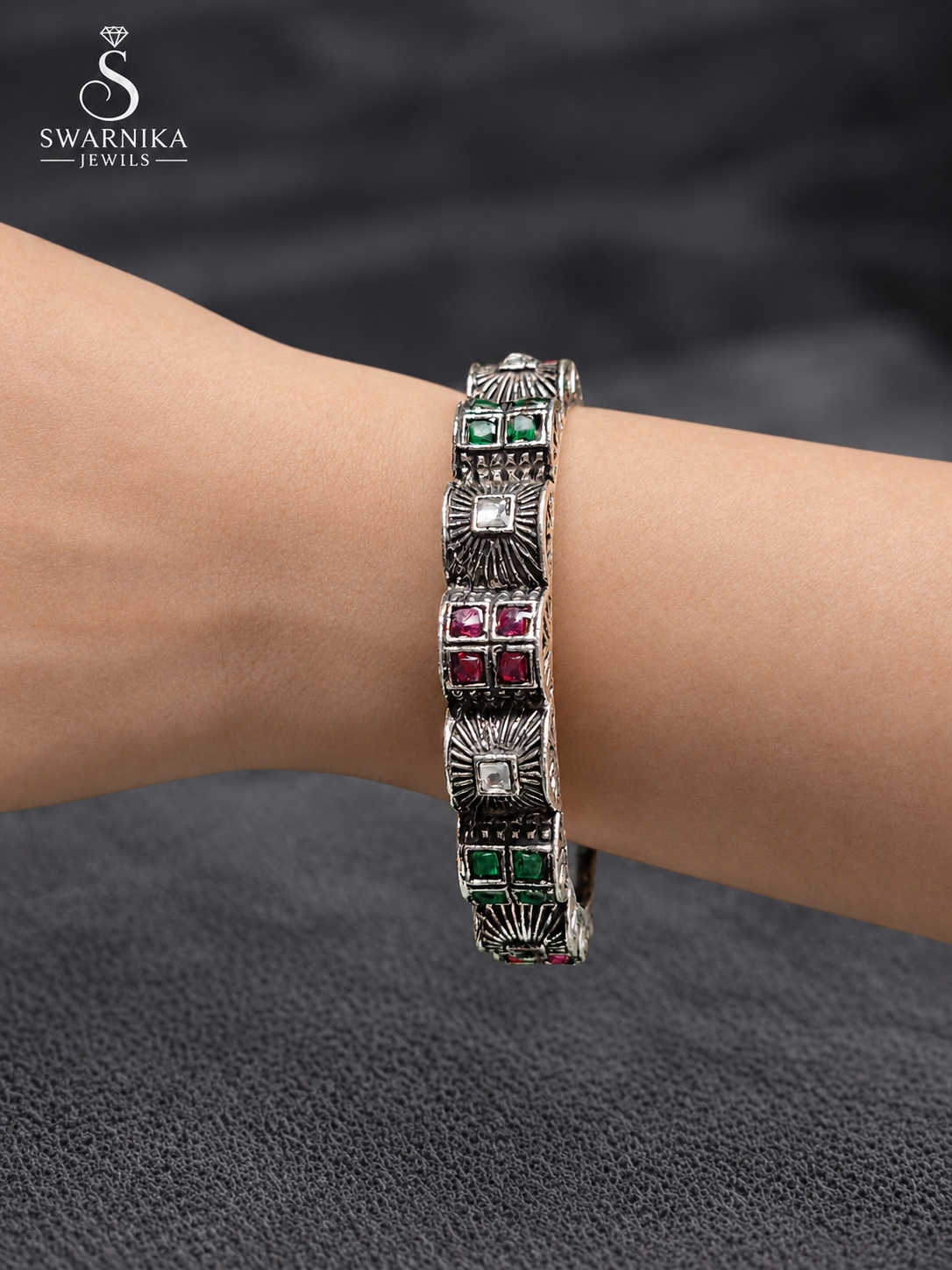 Oxidised Multicolour Stone Embossed Kada Pair view 2