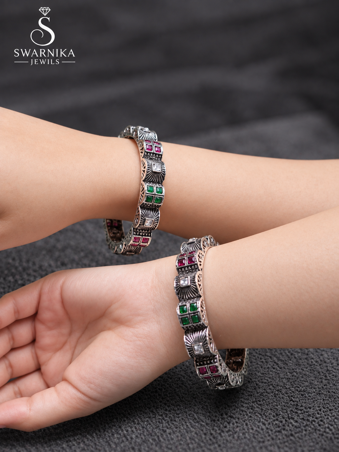 Oxidised Multicolour Stone Embossed Kada Pair view 3