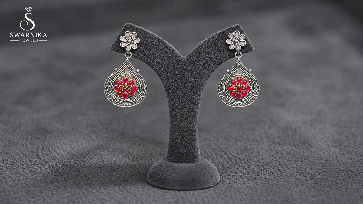 Oxidised Pink Floral Teardrop Earrings view 1