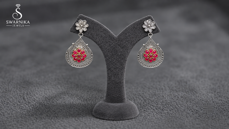 Oxidised Pink Floral Teardrop Earrings