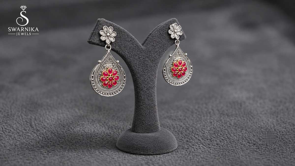 Oxidised Pink Floral Teardrop Earrings view 2