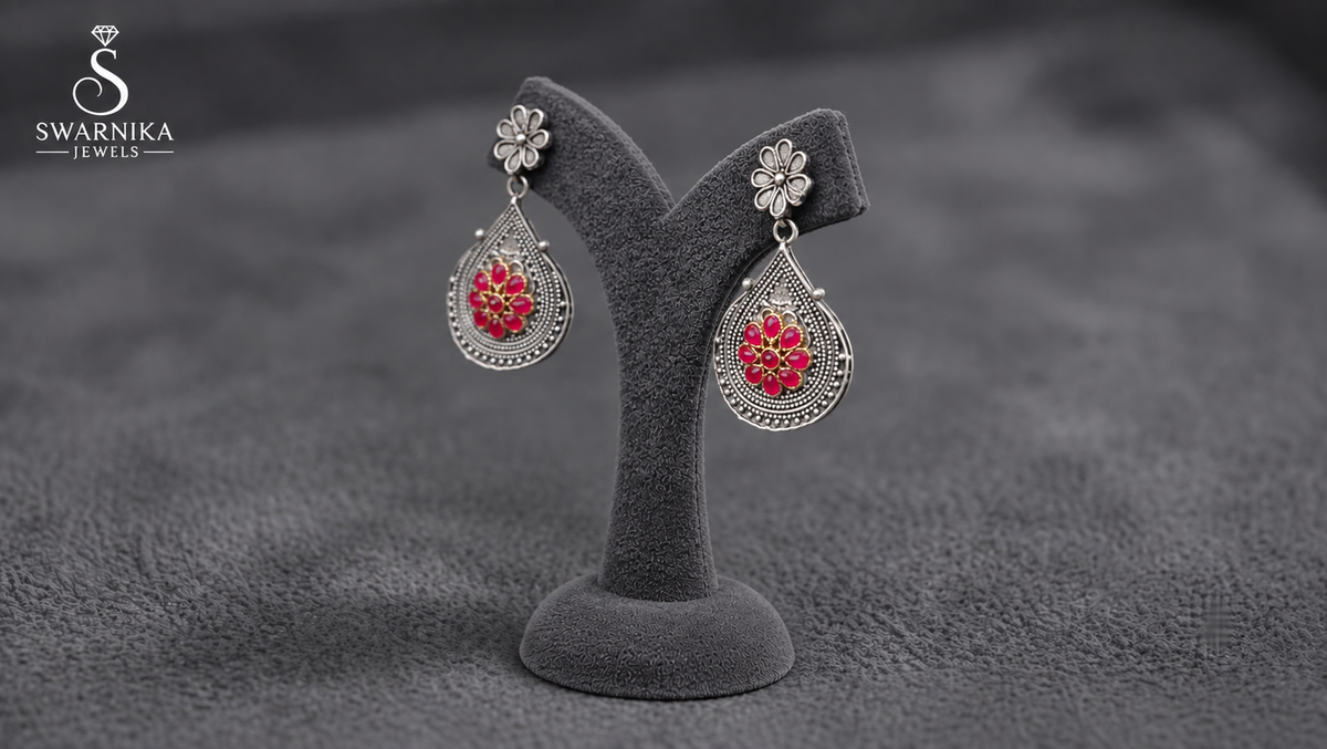 Oxidised Pink Floral Teardrop Earrings view 3