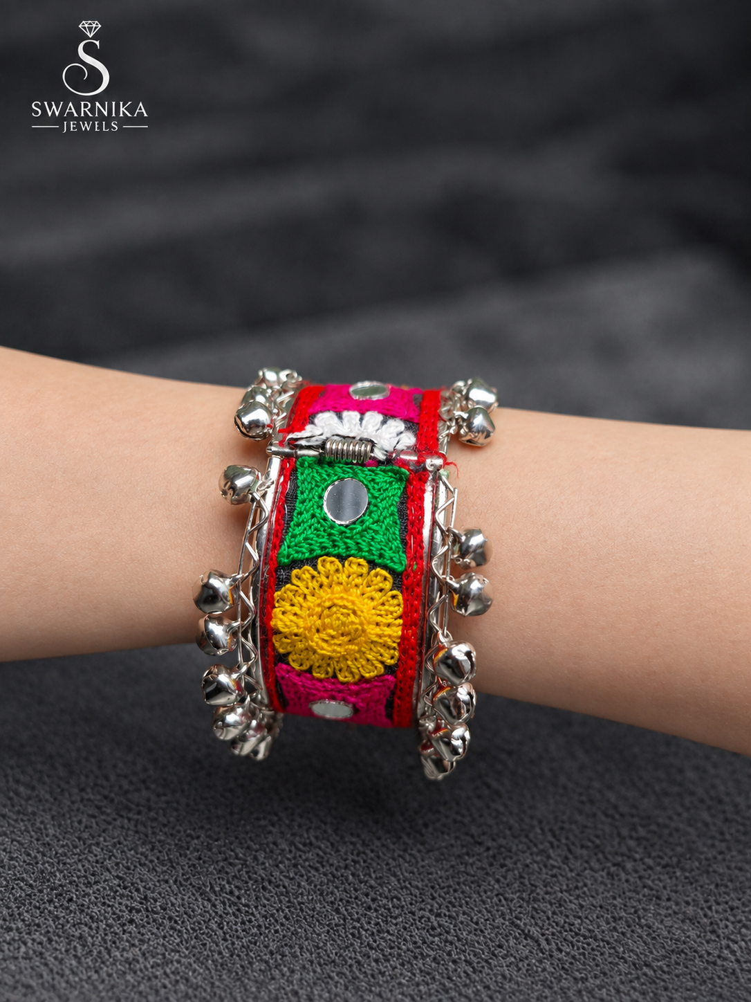 Oxidised Tribal Embroidery Dual Ghungroo Kada view 1