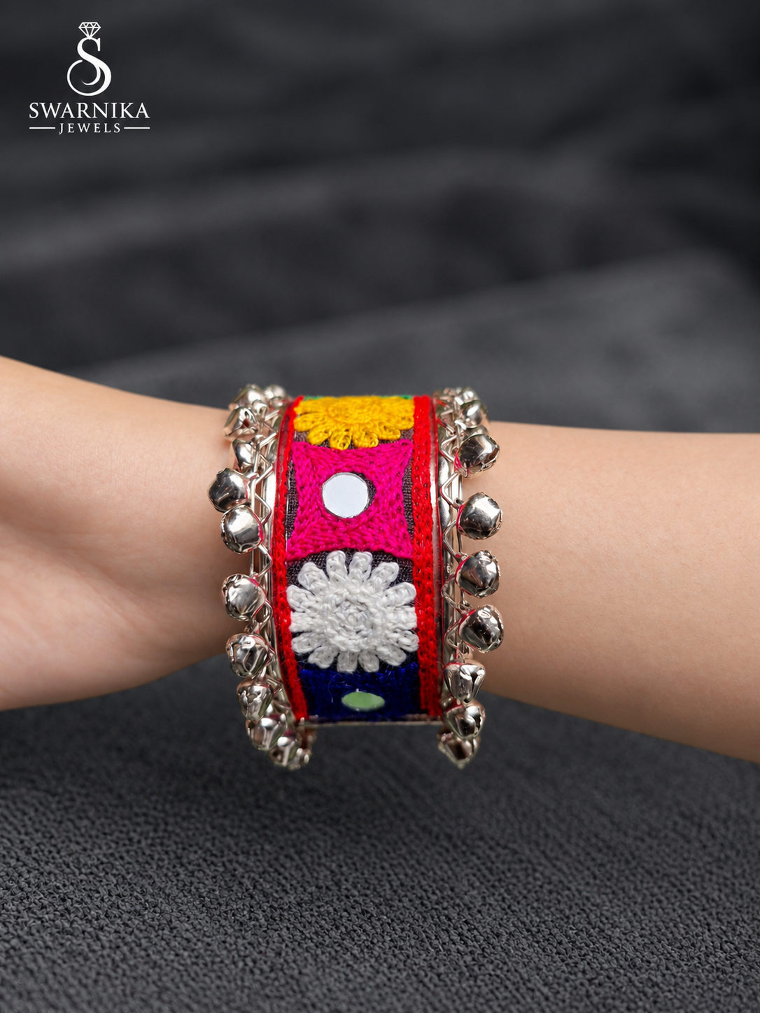 Oxidised Tribal Embroidery Dual Ghungroo Kada view 2