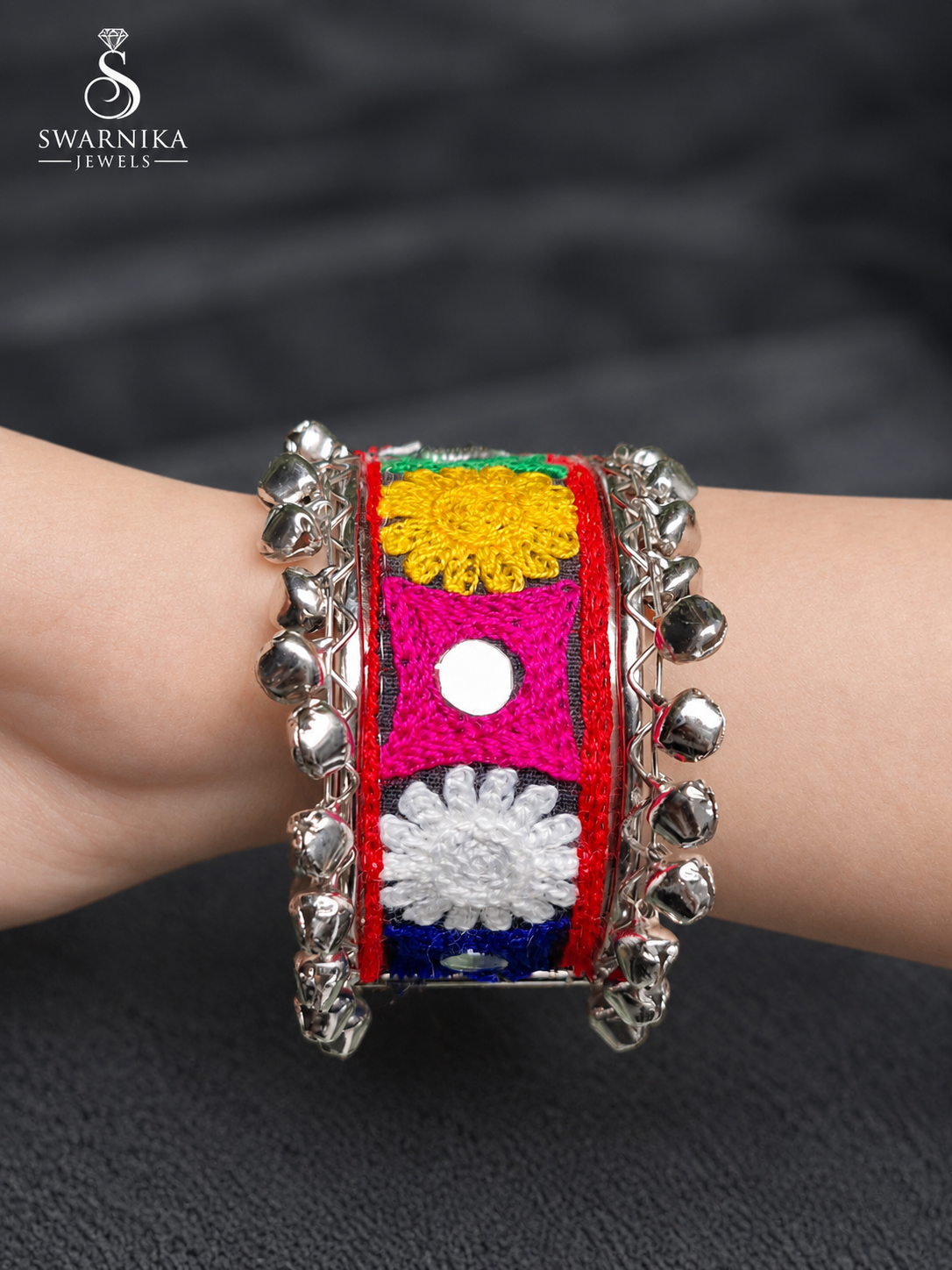 Oxidised Tribal Embroidery Dual Ghungroo Kada view 3