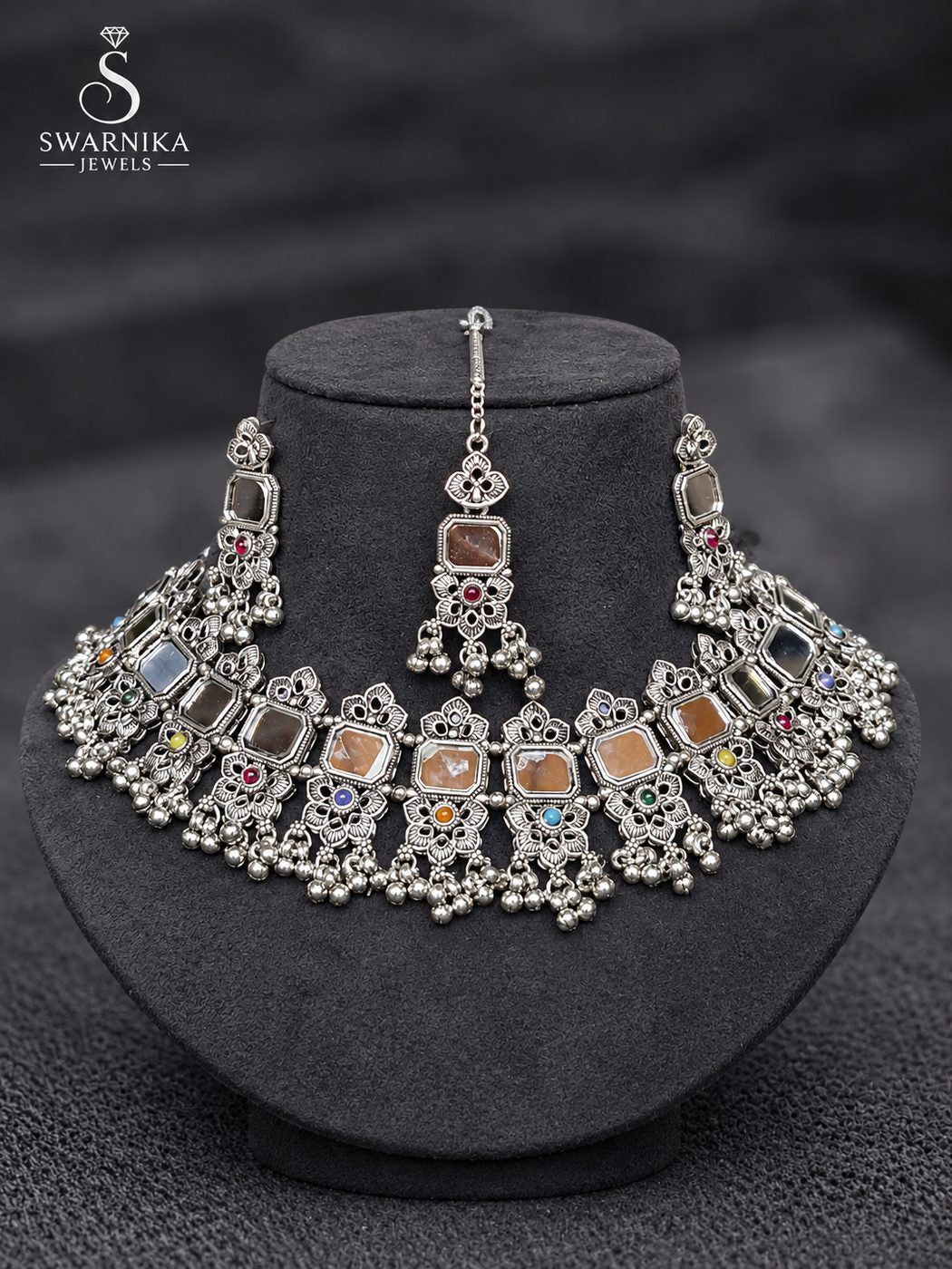 Peacock Drop Oxidised Necklace Set view 1
