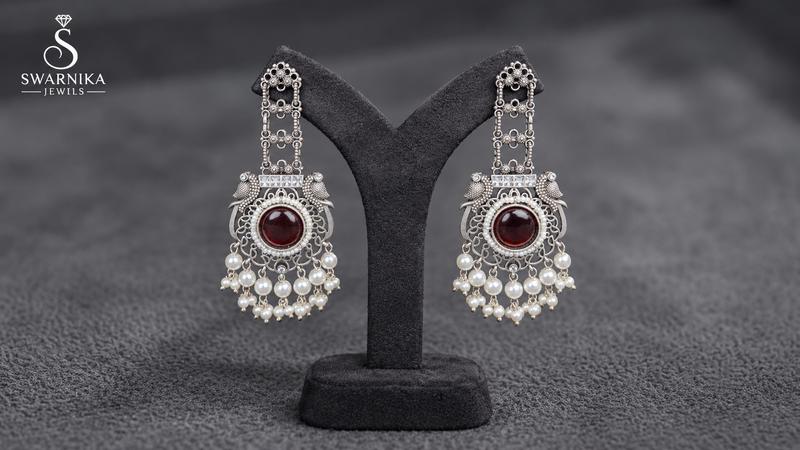 Peacock Maroon Pearl Long Earrings