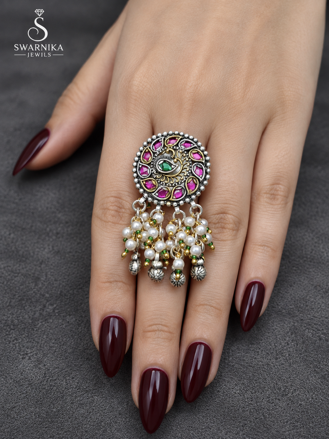 Peacock Pink Halo Pearl Drop Ring view 1