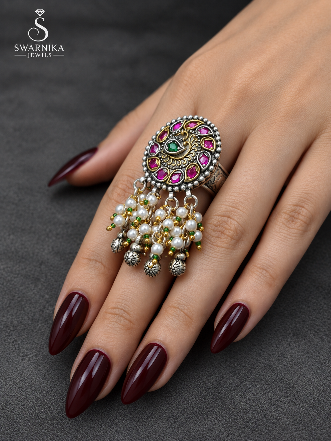 Peacock Pink Halo Pearl Drop Ring view 2