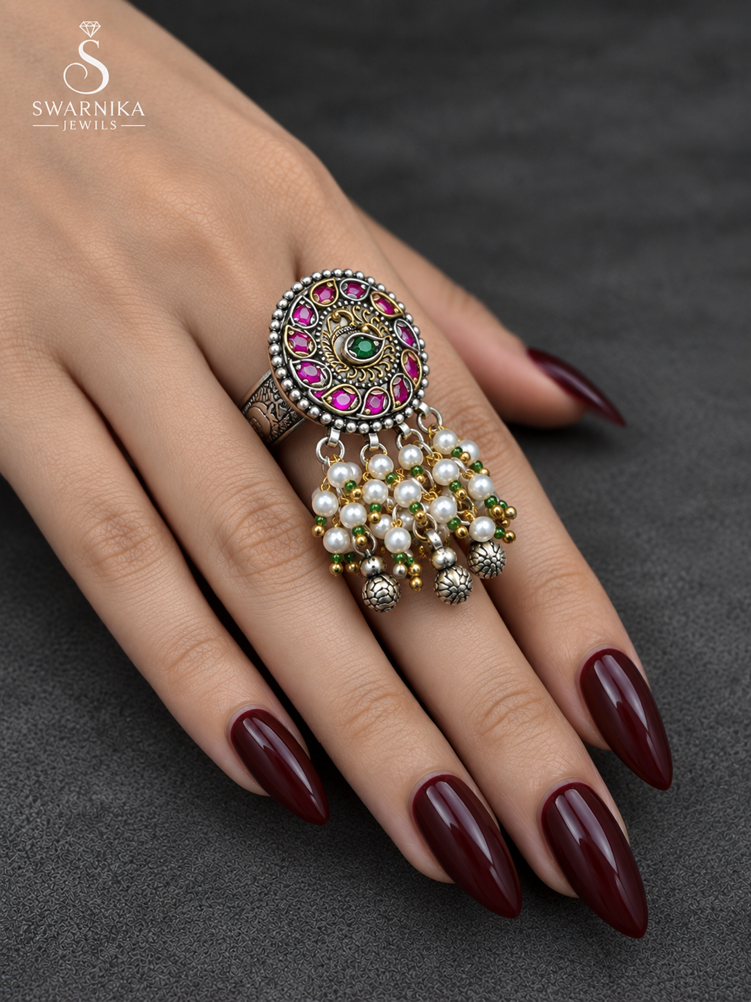 Peacock Pink Halo Pearl Drop Ring view 3