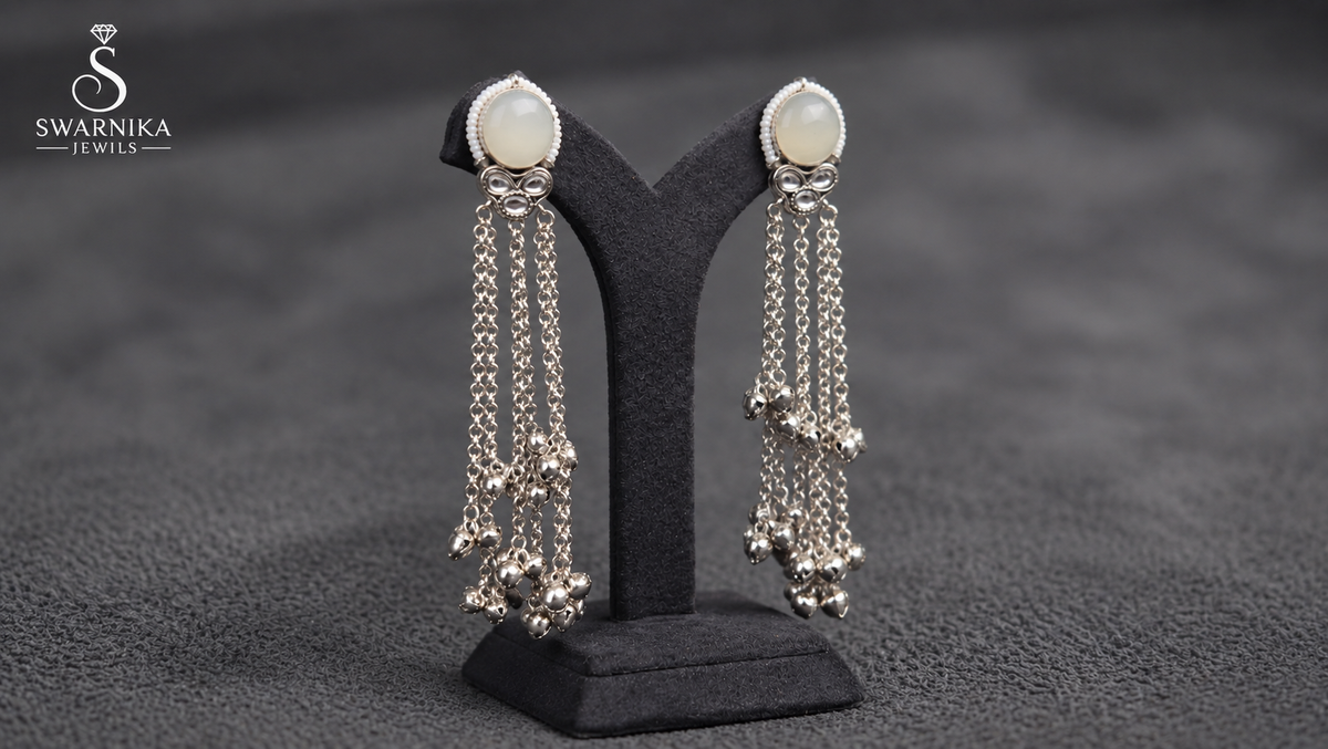 Pearl Cascade Silver Chain Earrings view 2