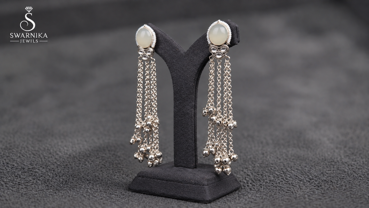 Pearl Cascade Silver Chain Earrings view 3