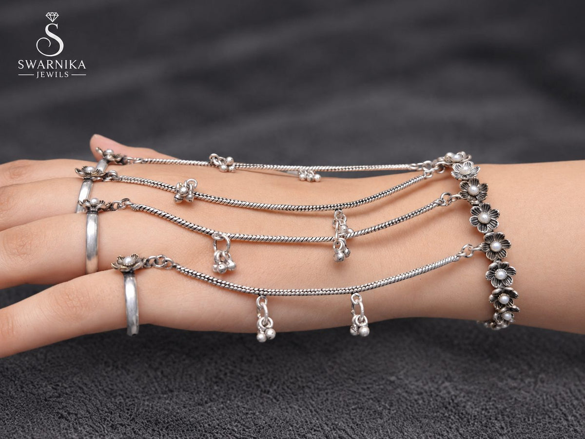 Pearl Floral Oxidised Haath Phool Hand Harness view 2