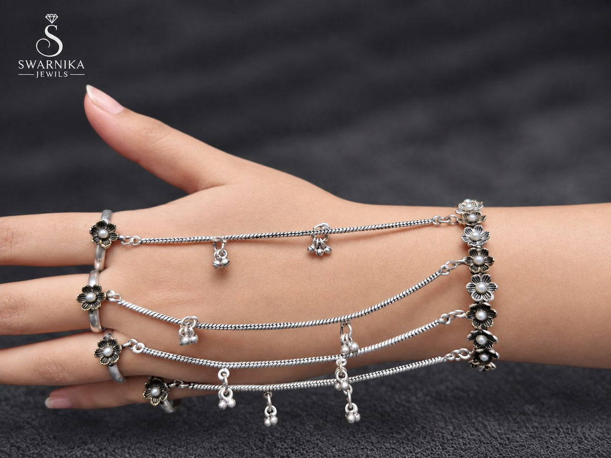 Pearl Floral Oxidised Haath Phool Hand Harness view 3