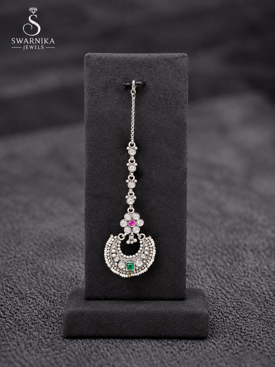 Pink Green Chandbali Pearl Maang Tikka view 1