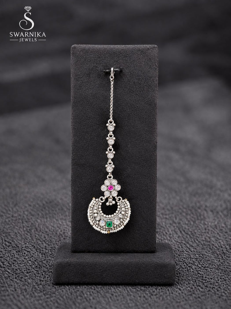 Pink Green Chandbali Pearl Maang Tikka