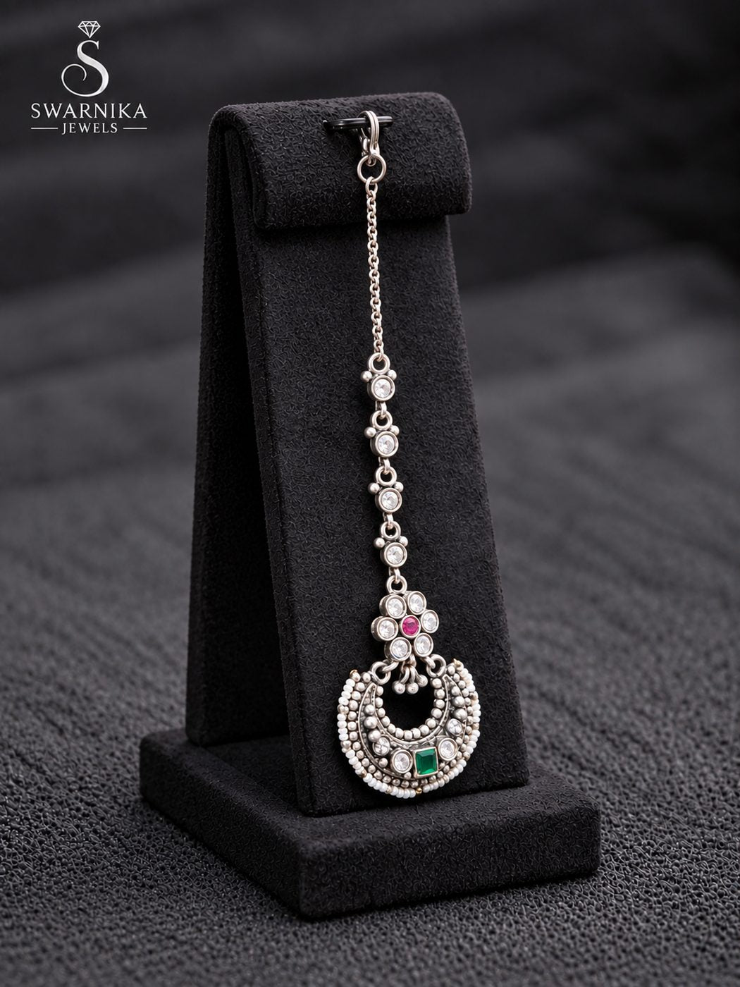 Pink Green Chandbali Pearl Maang Tikka view 2
