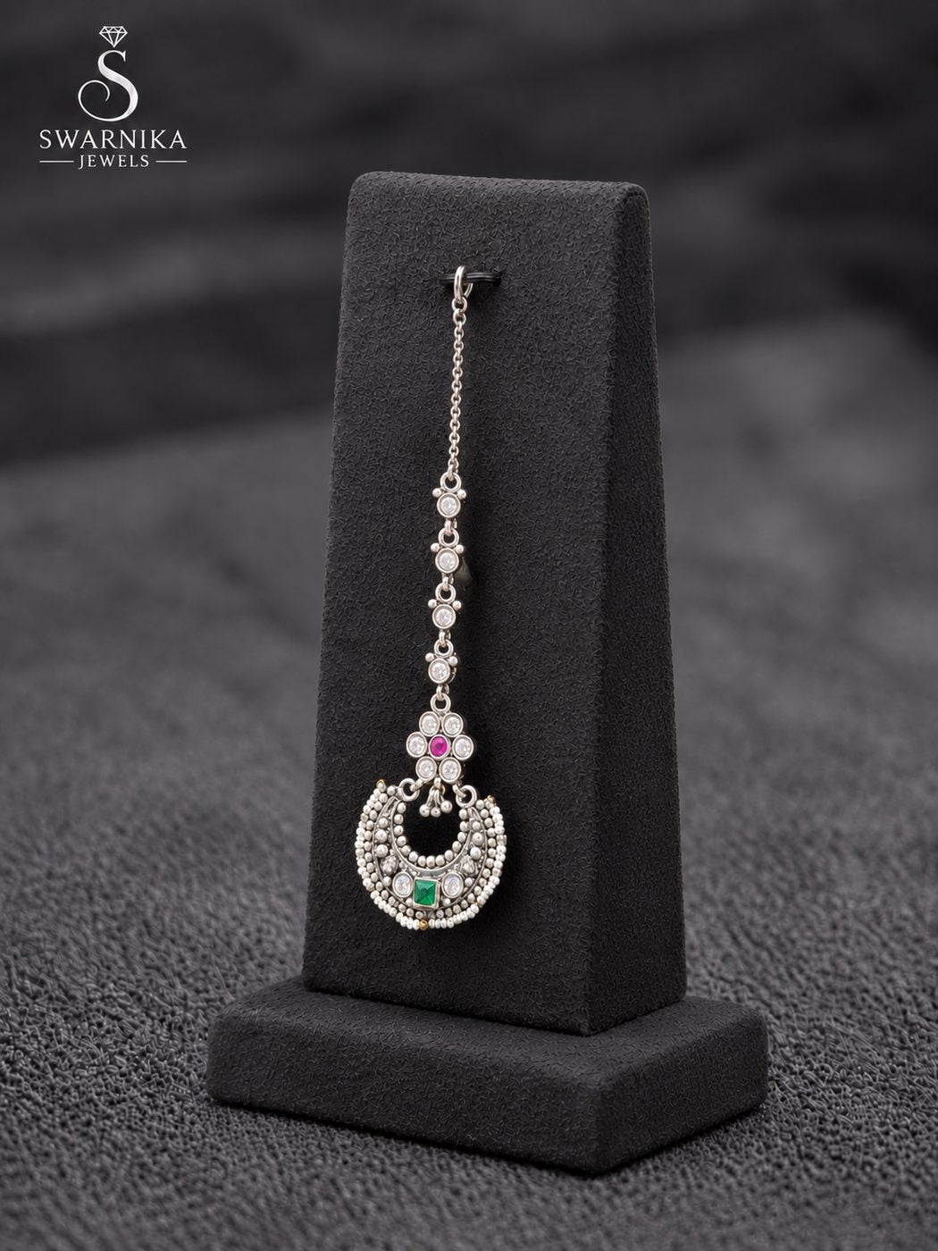 Pink Green Chandbali Pearl Maang Tikka view 3