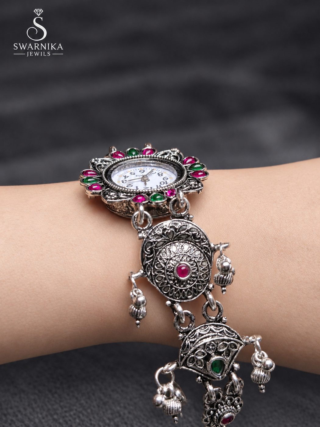 Pink Green Stone Oxidised Bracelet Watch view 1