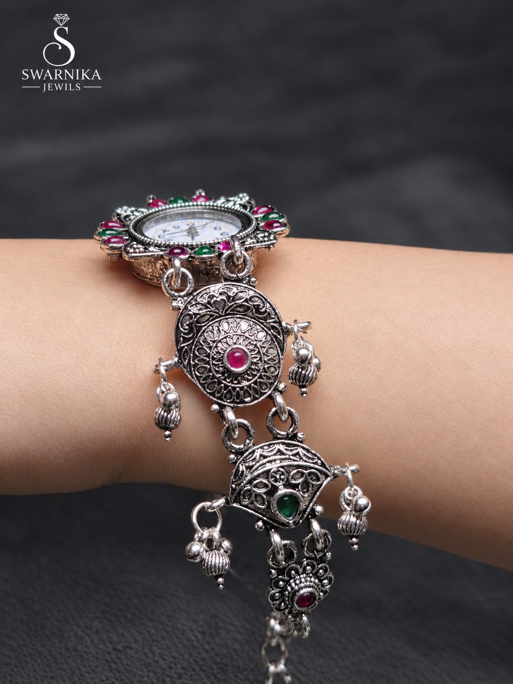 Pink Green Stone Oxidised Bracelet Watch view 2