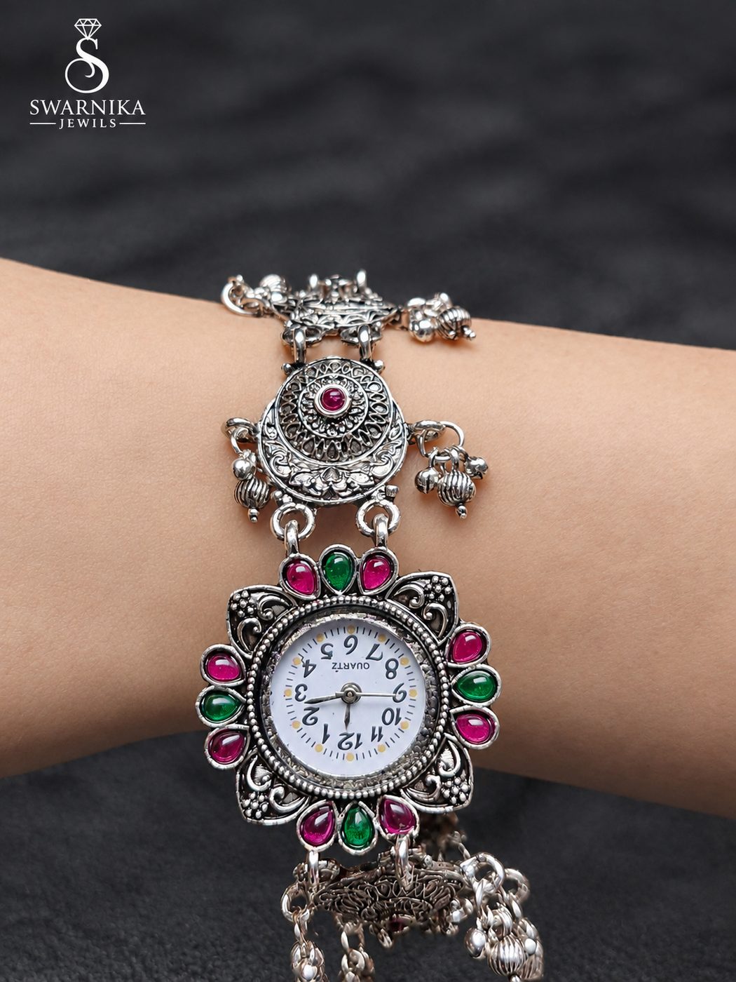 Pink Green Stone Oxidised Bracelet Watch view 3