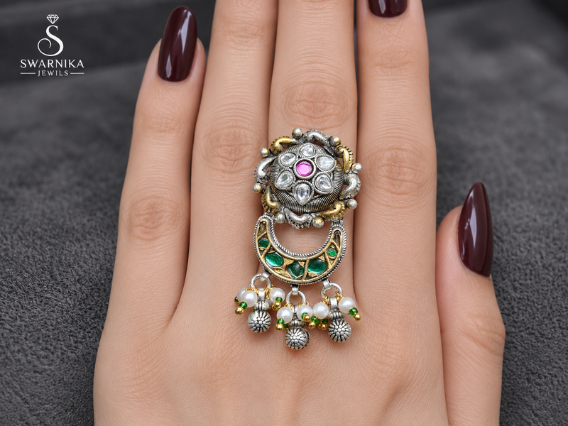 Pink Polki Green Crescent Statement Ring