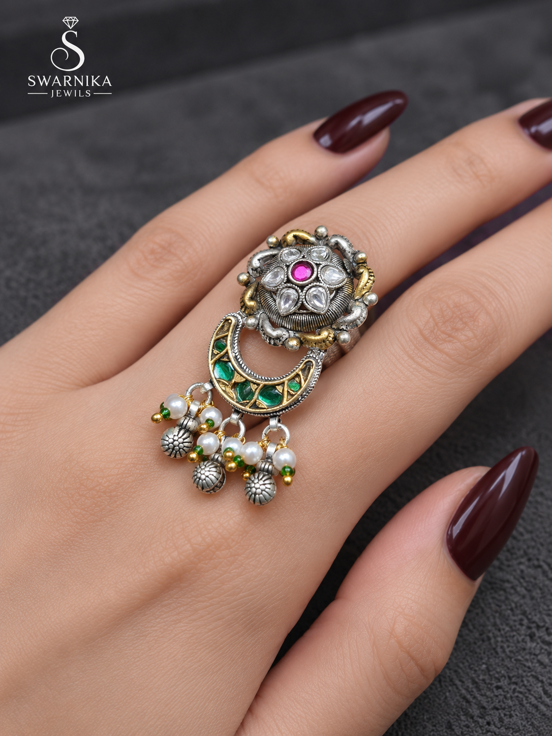 Pink Polki Green Crescent Statement Ring view 2